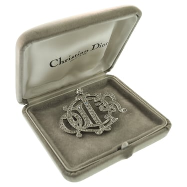 Christian Dior Vintage Iconic Monogram Logo Silver Rhinestone Brooch Pin