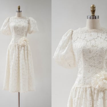 white lace dress | 80s vintage cream ivory princess puff sleeve romantic princess cottagecore tea length wedding dress 