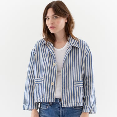 Vintage White Blue Flannel Striped Crop Shirt Jacket | Unisex Stripe Cotton Pajama Chore | L | SCJ014 