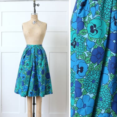 vintage early 1960s 50s full cut skirt • blue & green big floral pansy print cotton skirt 
