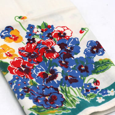 vintage Pansy Cotton Kitchen Towel in Red Blue and Green 