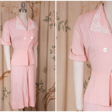 1940s Dress - Smart Late 40s Day Dress in Pink Linen Blend with Asymmetric Bodice Detail and White Lace Trim by LeVine Originals 