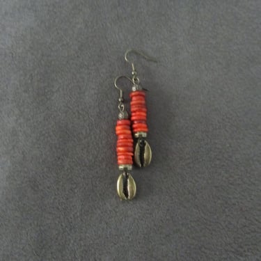 Orange wooden and bronze cowrie shell earrings 