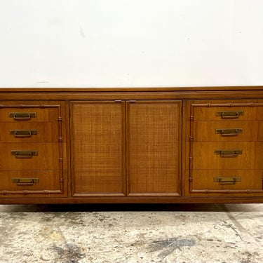 Vintage 1970s Mid Century Modern Walnut Sideboard or Credenza with Faux Bamboo 