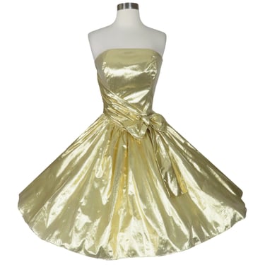 Vintage 80s 50s Gold Metallic Prom Cocktail Party Dress S Small Lamé Foil Loralie Strapless Full Skirt Shiny NOS Tag Rockabilly Swing Pinup 