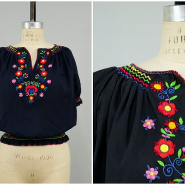 1970s Black Embroidered Peasant Blouse, 70s Penny Lane, Vintage Hungarian Blouse, Boho Hippie, Size Medium by Mo