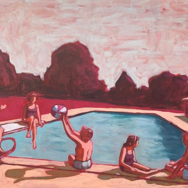 Pool #27 - Original Acrylic Painting on Deep Edge Canvas 24 x 18, retro, vintage, midcentury modern, woman, man, summer, michael van, red 