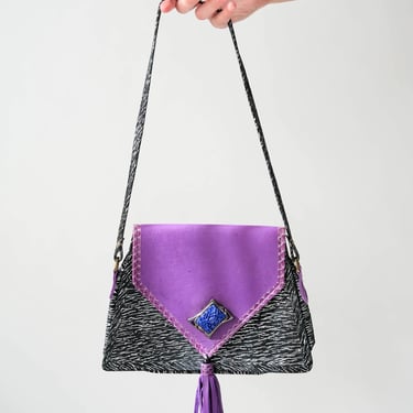 Vintage 80s Mille Fiori Purple Leather & Black Suede Zebra Print Bag w/ Carved Lapis Snap Accent | 100% Genuine Leather | 1980s Designer Bag 