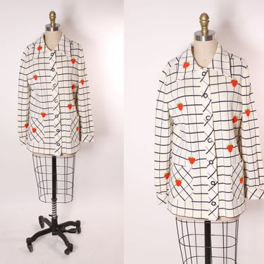 Late 1960s Early 1970s White, Navy Blue, Red and Green Novelty Strawberry Knit Long Sleeve Sweater Cardigan -L 