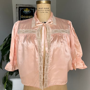 1930s Silk and Cotton Lace Bed Jacket Puffy Sleeves and Ribbon Tie M 