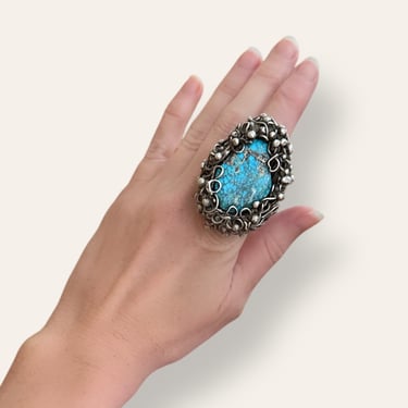 Vintage Brutalist Turquoise and Sterling Silver Statement Ring Size 7 Native American 