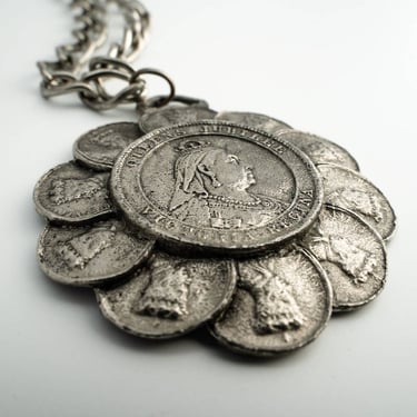 Queen Victoria Regina jubilee silver tone coin necklace by Herald,  1960's 