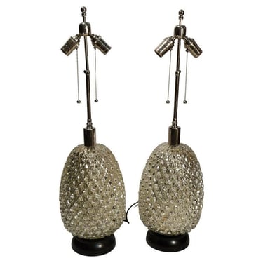 Pair of Mid Century Modern Glass Pineapple Retro Table Lamps Regency Art Deco 