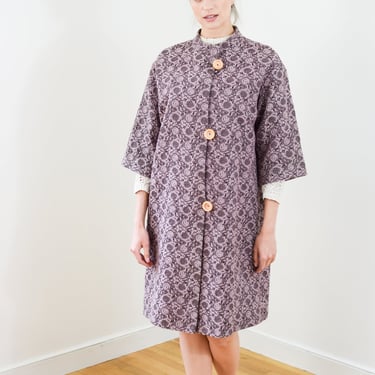 Vintage 1960s Lavender Brocade Coat | XS/S | 60s Purple Coat with Pink Lining and Large Buttons 