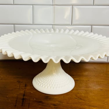 Fenton Ruffle Hobnail Milk Glass Cake Platter 