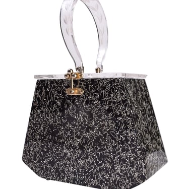 Charles Kahn Vintage 1950s Black &amp; Silver Confetti Glitter Lucite Handbag