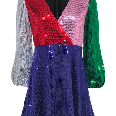 Alice & Olivia - Color Block Sequin Faux Wrap Dress Sz 4