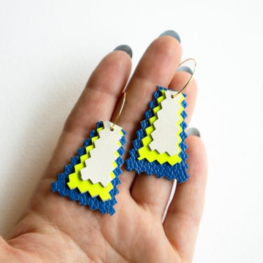 Maltigliati Hoop Earrings - in Blue, Cream + Neon Yellow Reclaimed Leather Zigzag Earrings 