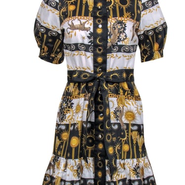 Hayley Menzies - White, Black & Gold Printed Button-Up Puff Sleeve Shirtdress Sz S