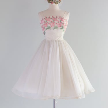 Dreamy 1950's Ivory Organza Party Dress With Embroidered Pink Flowers / Waist 24&quot;