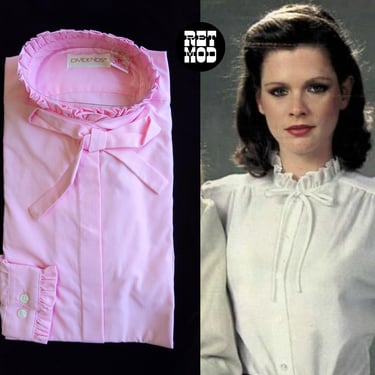 DEADSTOCK Vintage 70s 80s Pastel Pink Button Down Long Sleeve Blouse with Ruffled Bow Collar 