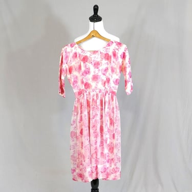 50s Pink Roses Dress - As Is w/ Damage, needs new zipper, project - Full Skirt, Floral Print - Vintage 1950s - S 