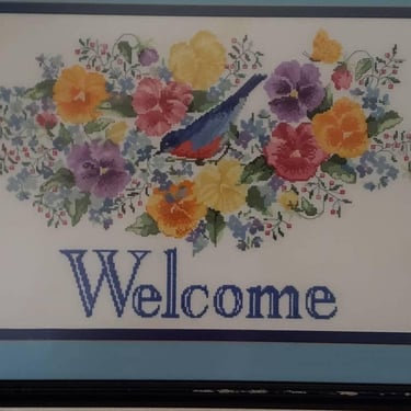 WELCOME sign Professionally  Framed Multi- Color Floral Bluebird Vintage Needlepoint Housewarming New Business Gifts 