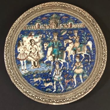 Large Round Qajar Underglaze Pottery Tile Circa 19th Century of Prince on Horseback with Nude Women