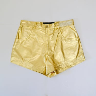 80s Vintage Gold Leather Shorts Hot Pants Leather Short Shorts Medium Metallic Gold Leather shorts// Vintage Leather Shorts 