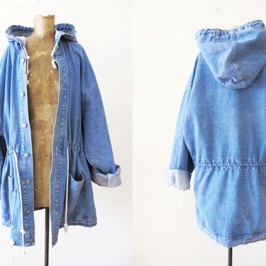 90s Baggy Hooded Denim Jacket Large - Oversized Vintage 1990s Blue Jean Windbreaker Coat - 90s Streetwear 