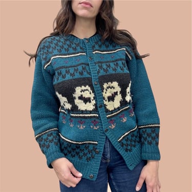 Vintage Cardigan Retro 1980s Woolrich + Womens + Size Small + 100% Wool + Sheep + Ewes + Fair Isle + Nordic + Novelty Print + Sweater 