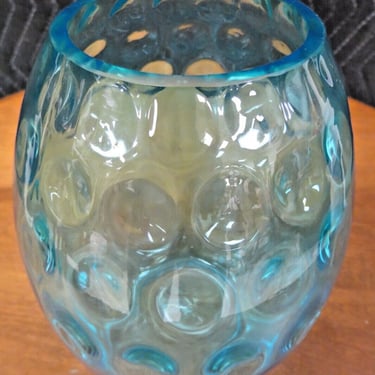 Vintage Blue Thumb Print Indented Vase 8" Mid Century Art Glass 