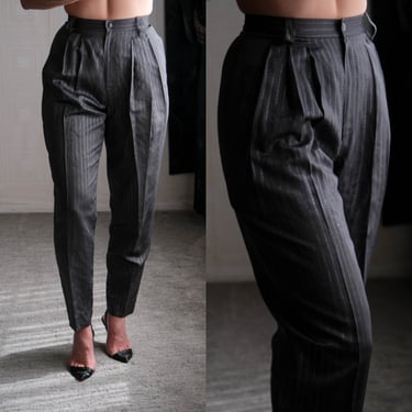 Vintage 80s KRIZIA Gray Silk Pleated High Waisted Tapered Leg Pants w/ Black & Silver Stripes | Made in Italy | 1980s KRIZIA Designer Slacks 