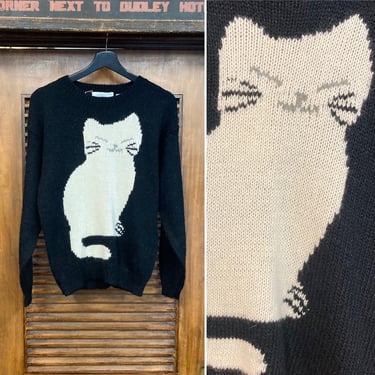 Vintage 1980’s Black & White Cartoon Cat Lurex New Wave Sweater, 80’s Vintage Clothing 