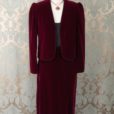 Stunning 1970s John Meyer Burgundy Velvet Set with Cropped Jacket and A-line Skirt 