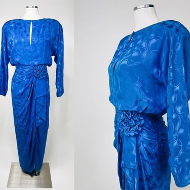 1980s Royal Blue Fancy Fitted Cocktail Dress by Neiman Marcus Small | Vintage, Bubbles, Dolman Sleeve, Television Show, Dynasty, Snowfall 