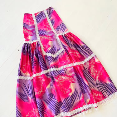 1990s Tracy Feith Pink + Purple Abstract Print Silk Maxi Skirt with Lace Trim 