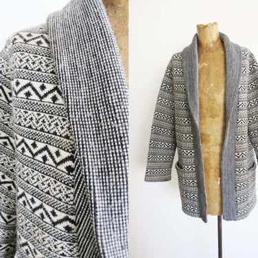 Vintage 70s Nordic Black White Shawl Collar Cardigan S - 1970s Scandinavian Style Geometric Print Womens Knitted Cozy Robe Sweater 