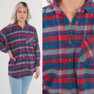 90s Plaid Shirt Red Blue Button Up Flannel Shirt Retro Long Sleeve Boyfriend Grey Checkered Top Cotton Vintage 1990s Medium 