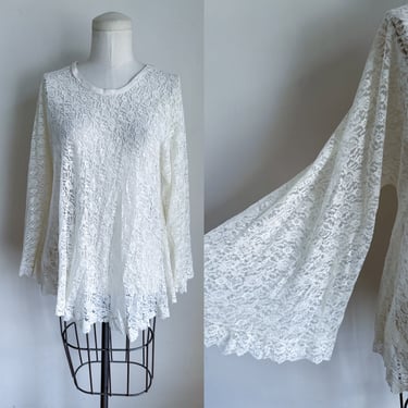 Vintage 1980s White Lace Bell Sleeve Top / M-L 