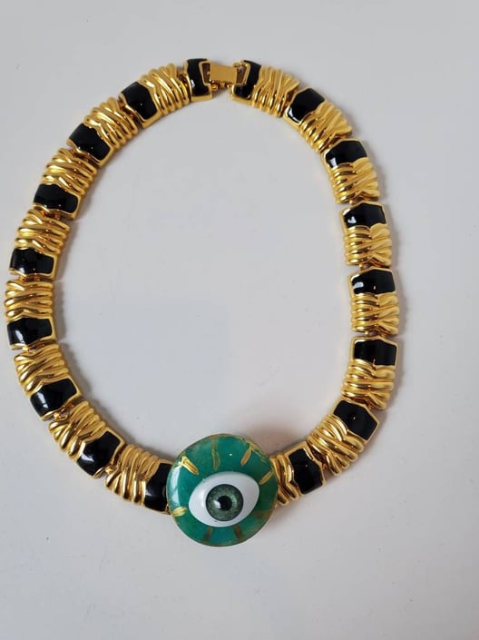 Vintage gold and black enamel choker with a custom eye deco by Amanda Alarcon-Hunter for Minx and Onyx 