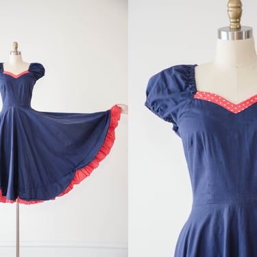 cute cottagecore dress | 50s 60s vintage navy blue red polka dot puff sleeve cotton fit and flare circle skirt dress 