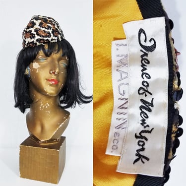 I. Magnins 1960's Irene of N.Y. Sequin Leopard Print Skull Cap I Fez I Hat 