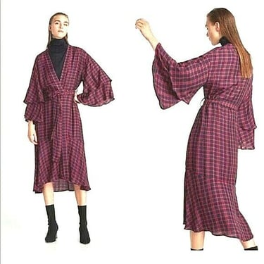Zara Plaid Ruffle Wrap Dress Size XSmall Kimono Check Print Tiered Ruffle Sleeve