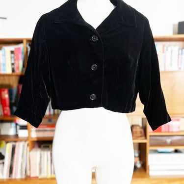 50's Jet Black Silk Velvet Vintage Jacket, Elbow Length Sleeves, Rose Print Liner, Mid Century Style 1950's Designer Suit Box Blazer Womens 