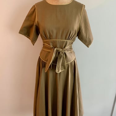 NR1-Ned Gould brown cotton/linen gold trim drindl waist dress-Size 10 