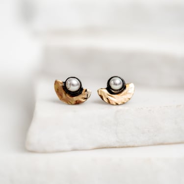 10k Gold, Oxidized Sterling Silver and Pearl Halo Studs