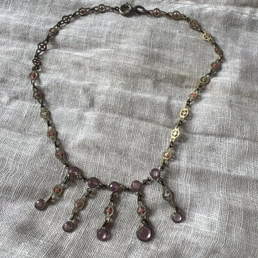 Antique Edwardian 1900s Brass & Pink Rhinestone Dangle Choker Necklace Vintage
