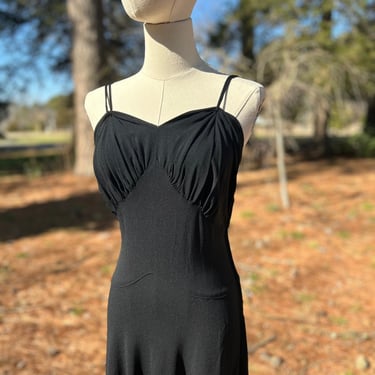 1930s Timeless Minimalist Black Rayon Crepe Gown 40 Bust Vintage 