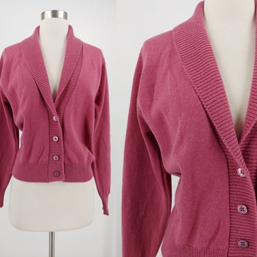 Vintage Seventies Women's Alan Paine Lambswool Cowl Neck Cardigan - 70s Pink Medium Wool Button Front Sweater 